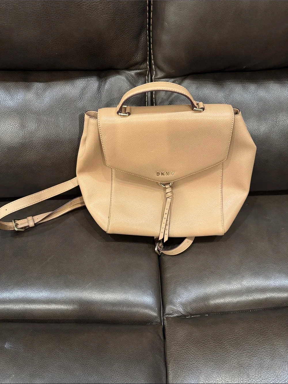 DKNY Tan Beige Pebbled Leather Top-Handle backpack Bag